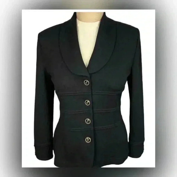 St. John Collection Black Santana Knit Collared Blazer with Gold Details Size 10 - Picture 3 of 4